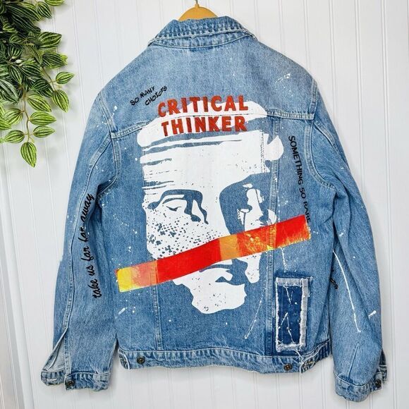 Zara Men’s Sz M Jean Denim Jacket Critical Thinker So Many Choices Just Light - Picture 1 of 16